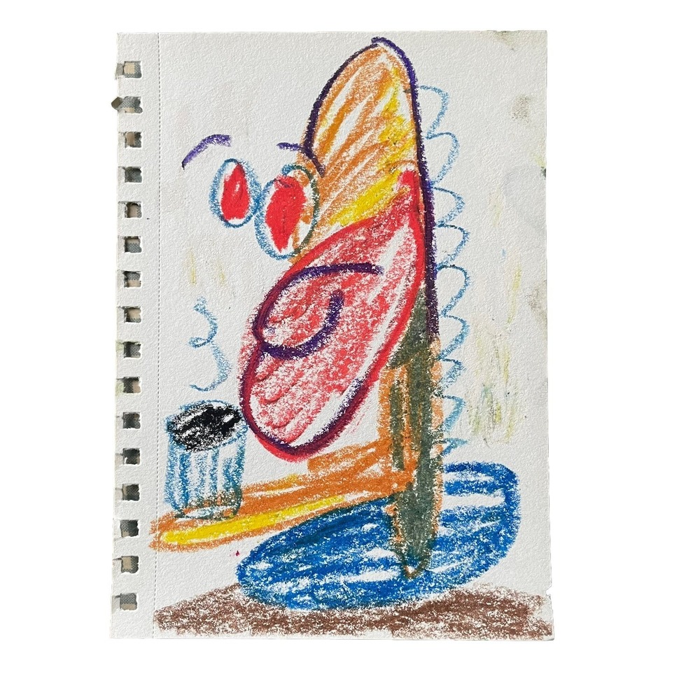 OMAN Original Pop Art Drawing Weird Monster Drinking Coffee Creature 5.5x8.5